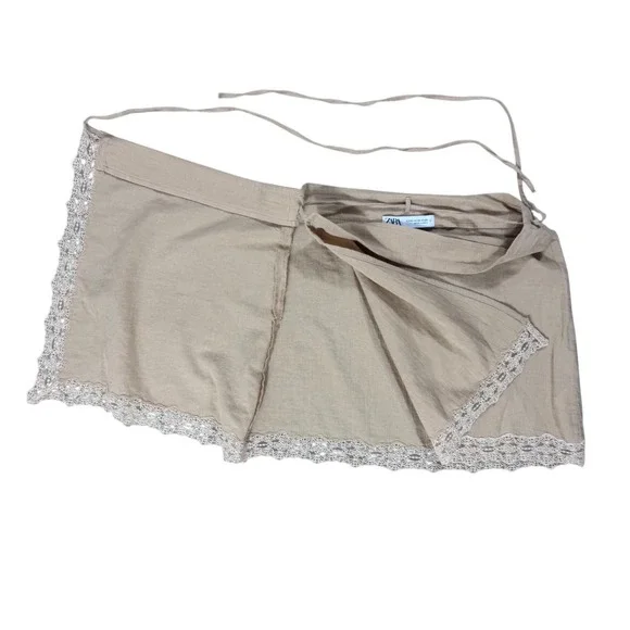 XS Zara Tan Linen Blend Lace Trim Wrap Mini Slip Skirt Boho Summer Cowgirl - Picture 5 of 5